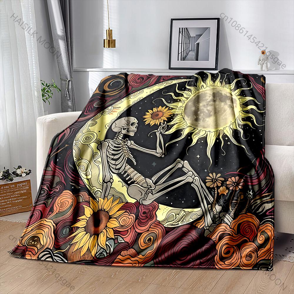 Skull Moon Sun Art Print Blanket Warm Soft Fluffy Kids Adult Luxury Gifts for Sofa Bed Home Outdoor Travel Camping Blanket