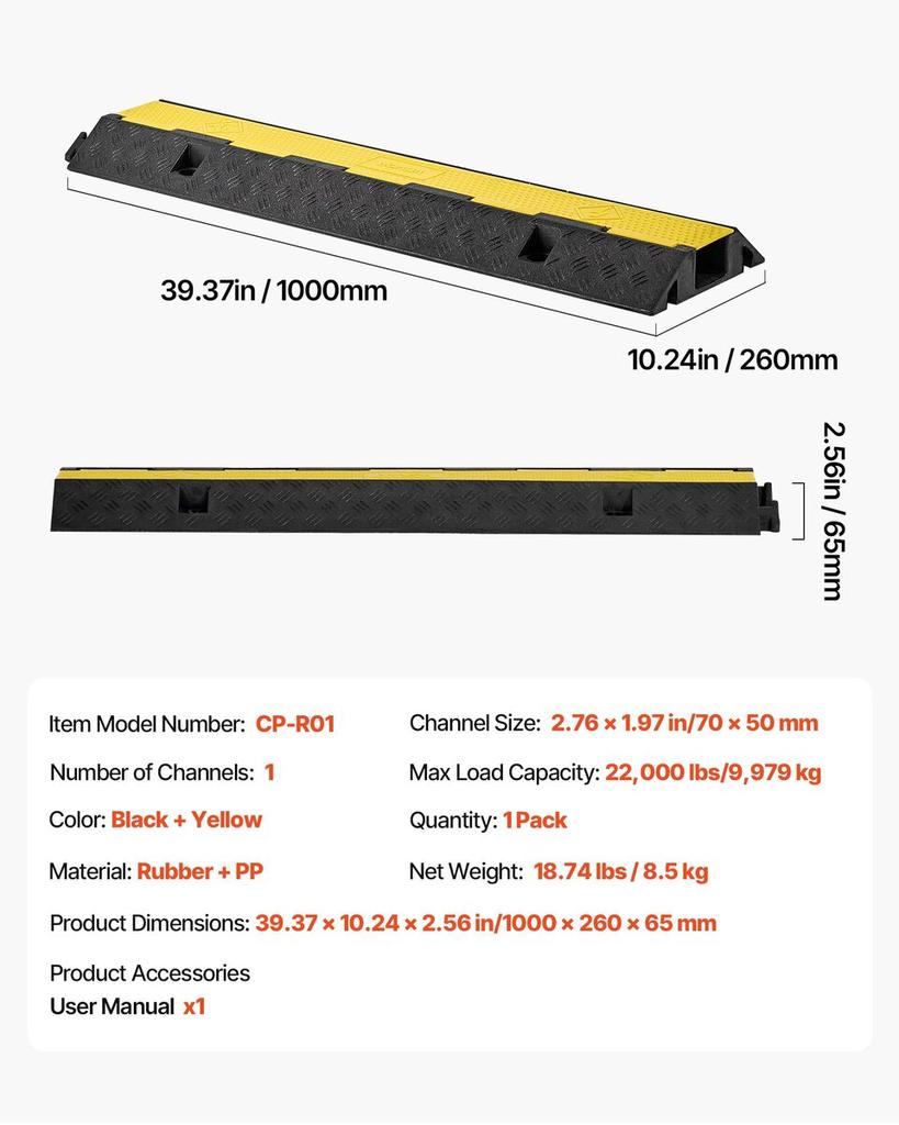Cable Protector Ramp, 9,979 kg/axle Capacity, 1 Channel Heavy Duty Rubber Cord Hose Wire Cover, 70 x 50 mm Channel, Traffic Speed Bump with Flip-Open