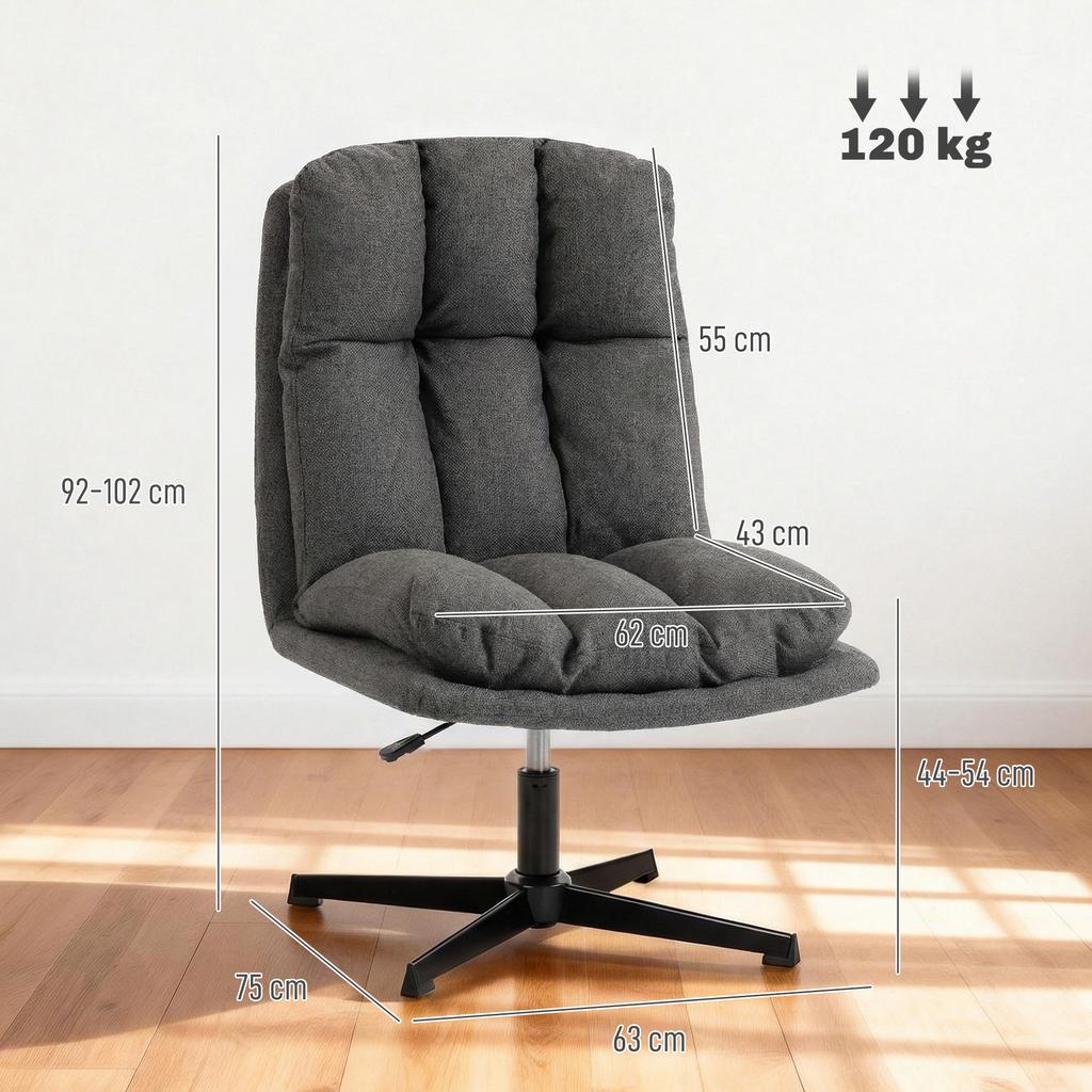 Swivel Accent Chair, Armless Reading Chair in Linen-Look Fabric with Wide Seat and Metal Legs, Dark Grey