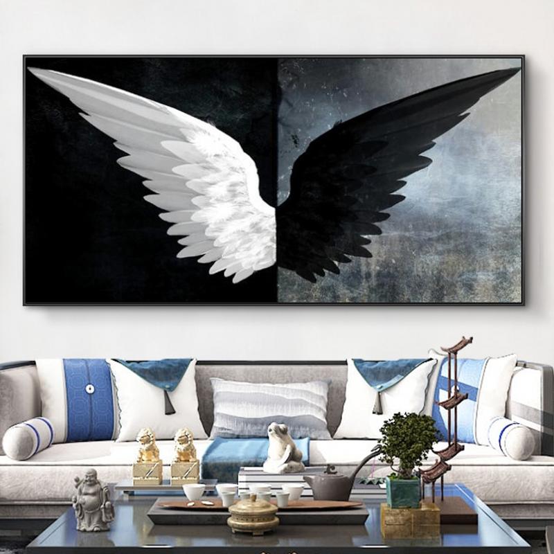 Черно-белые крылья ангела, холст, картины на стене, художественные фотографии, современные холсты, настенные постеры и принты для домашнего декора