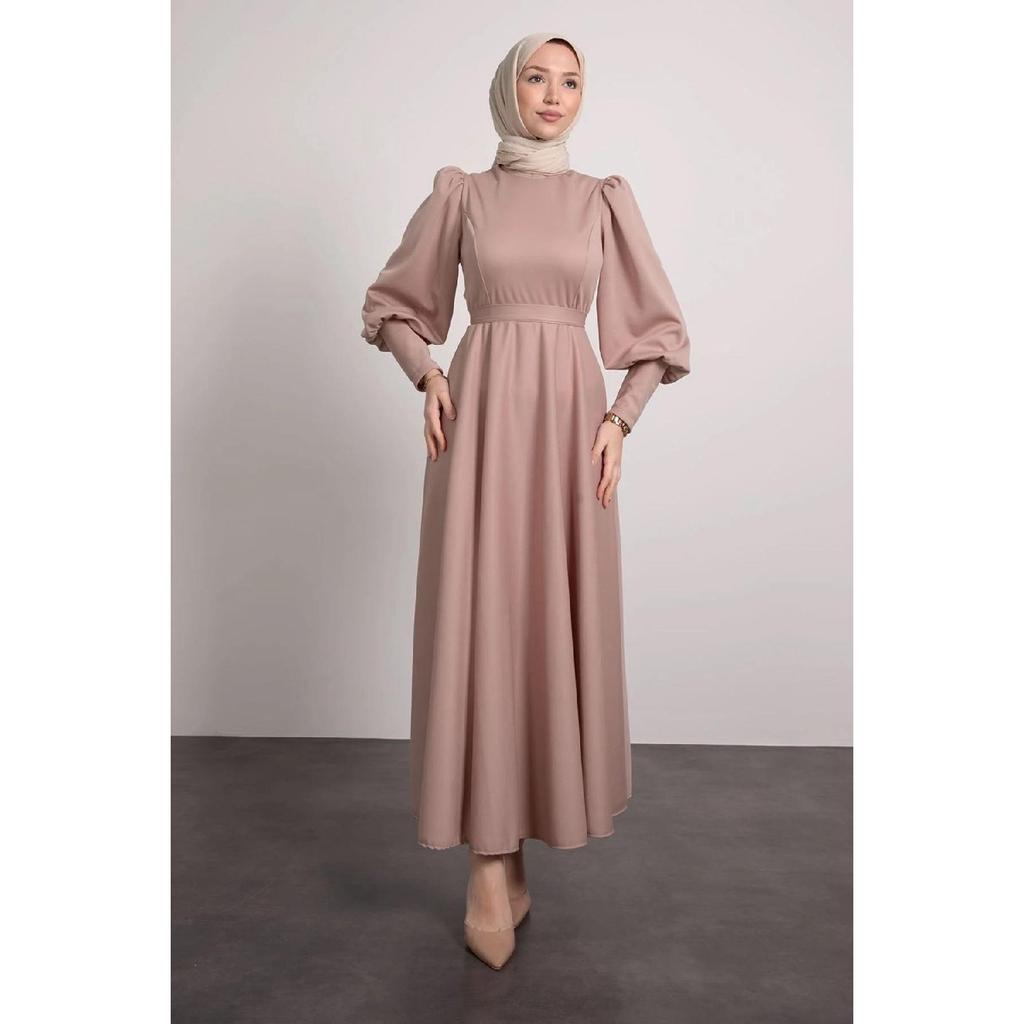 Balloon Sleeve Pleated Skirt Detailed Hijab Dress