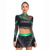 Womens Cheerleading Costume Set Long Sleeve Rhinestone Crop Top Matching Dance Skirt Performance Outfit