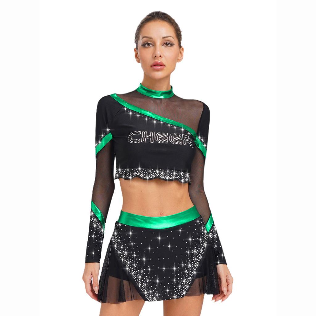 Womens Cheerleading Costume Set Long Sleeve Rhinestone Crop Top Matching Dance Skirt Performance Outfit