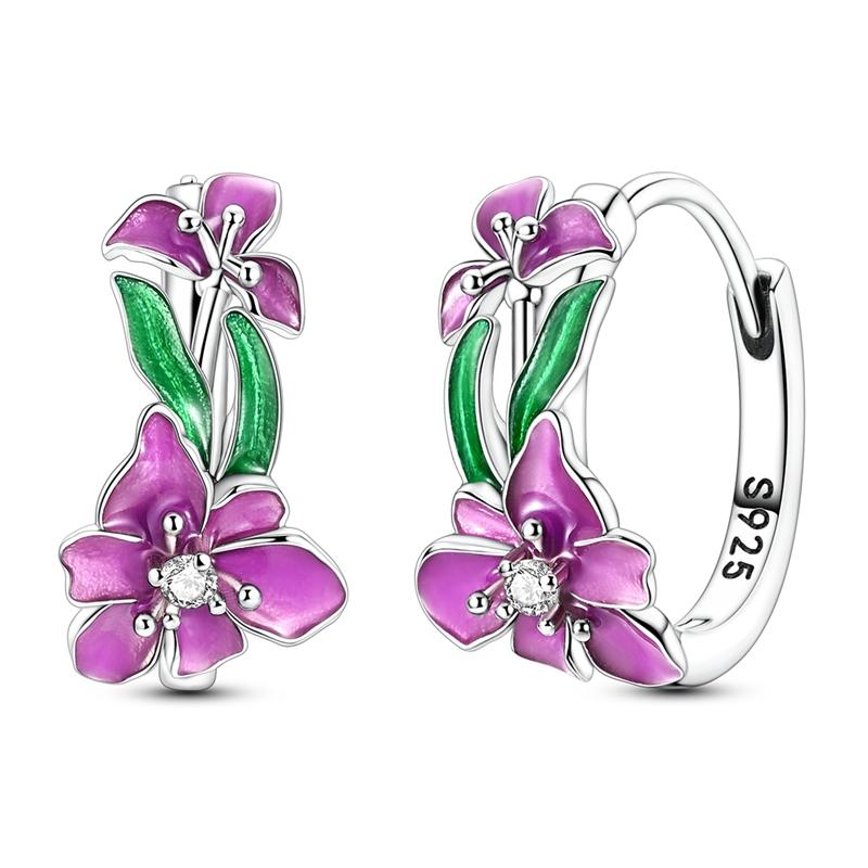Original 925 Sterling Silver Purple Flower Owl Earrings Women 2025 Zircon Ear Studs Sparkling Pave Hoop Earring Jewelry Gift