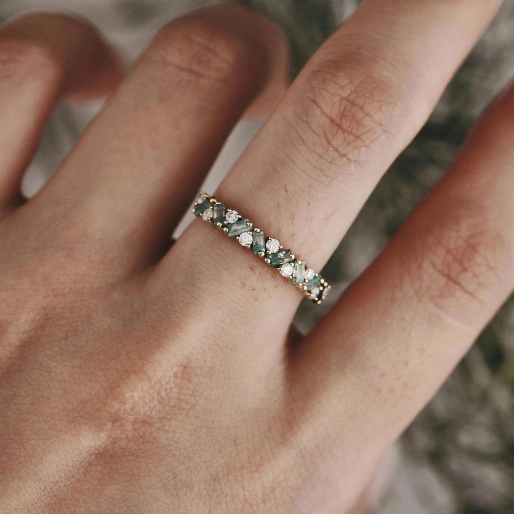 Natural Unique Moss Agate Ring Moss Agate Wedding Band Gold Rings Art Deco Eternity Band Moss Agate Matching Rings Personalized Gift For Her