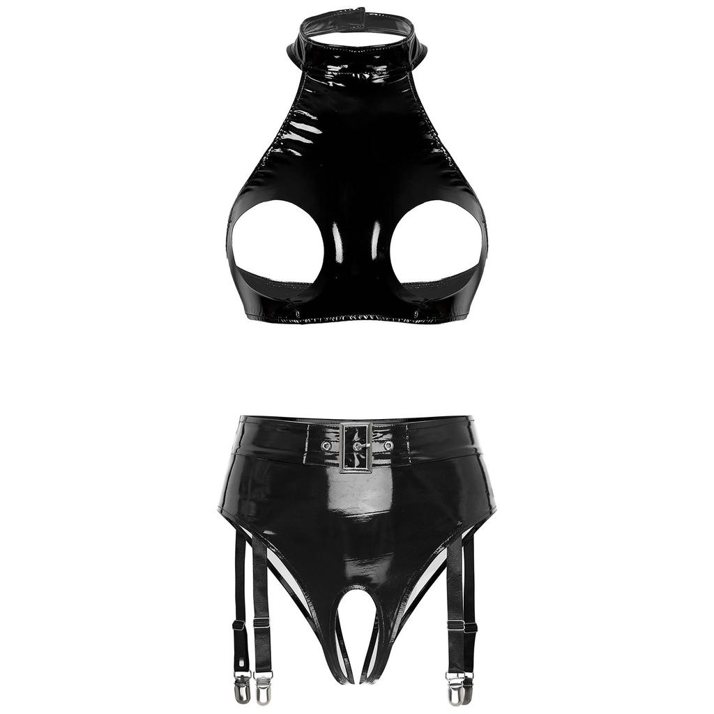 Womens Patent Leather Halter Open Bust Backless Crop Top Garter Underwear Set