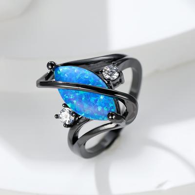 Винтажные кольца с кристаллом маркизы, синим имитацией опала для женщин, очаровательные обручальные кольца черного и золотого цвета, свадебное обручальное кольцо