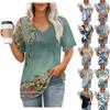 Women's Fashion Pocket V-neck Short Sleeve Plant Floral Print T-shirt Top