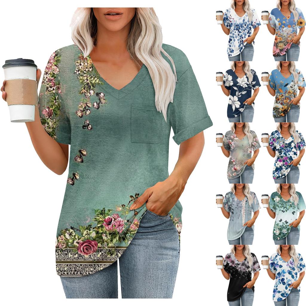 Women's Fashion Pocket V-neck Short Sleeve Plant Floral Print T-shirt Top
