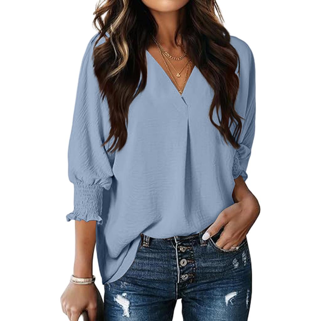 Women's Fashion V-Neck Casual Solid Color Three-Quarter Sleeve Top