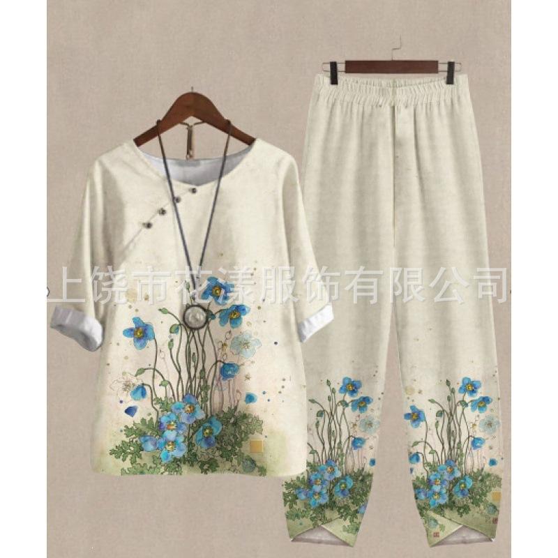 1116 new women's clothing, casual round neck five-quarter sleeve top, digital printing women's two-piece suit