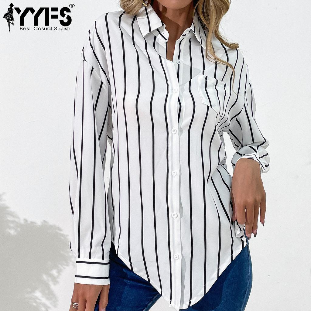 YYFS Женские модные повседневные свободные блузки и рубашки-поло с длинным рукавом и принтом в полоску