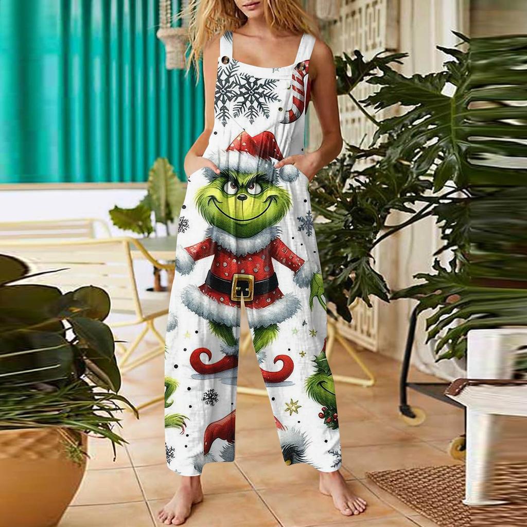 Women's Fashion Christmas Print Casual Retro Sleeveless Button Jumpsuit