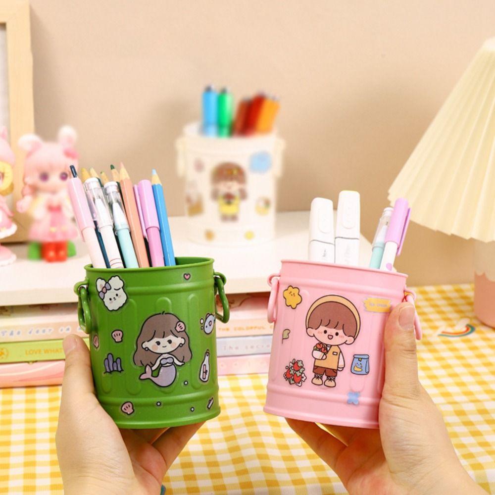 Plastic Pen Bucket Retro Stationery Storage Box Portable Pen Holder Student
