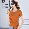 Тонкая эластичная хлопковая удобная женская футболка с v-образным вырезом и неравномерным краем, с короткими рукавами, хлопковая
