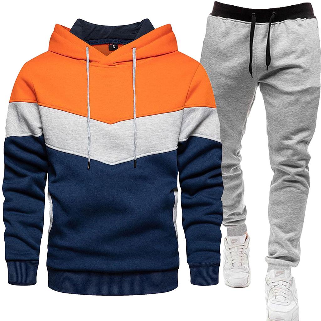 2024 Men's Fashion Spliced Hooded Sweatshirt & Long Pants Two-Piece Sports Suit for Autumn/Spring