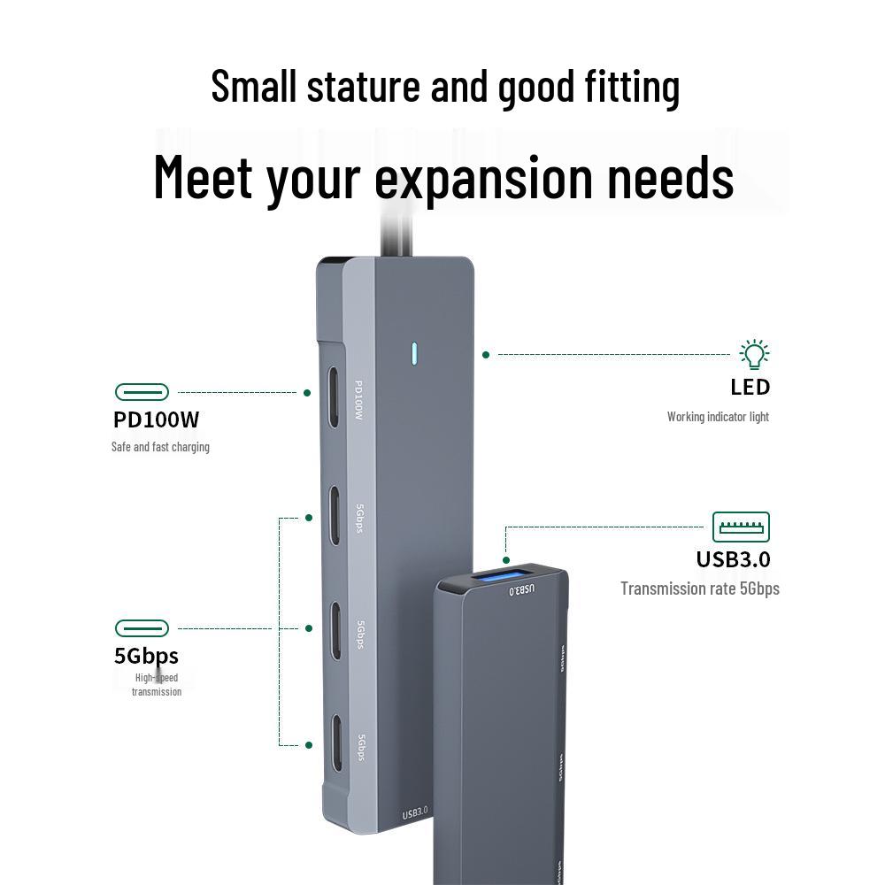 Хаб Type-C «пять в одном»: Быстрая зарядка PD100W с расширением USB3.0/Type-C.