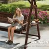 3 Seater Garden Swing Seat, Wooden Swing Chair Bench with Cushion, Side Trays and Metal Chains, for Outdoor Porch Patio, Carbonised Brown