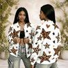 Women Plus Size White Leopard Heart Arrow Printed Long Sleeve Button Front Varsity Jacket With Pockets