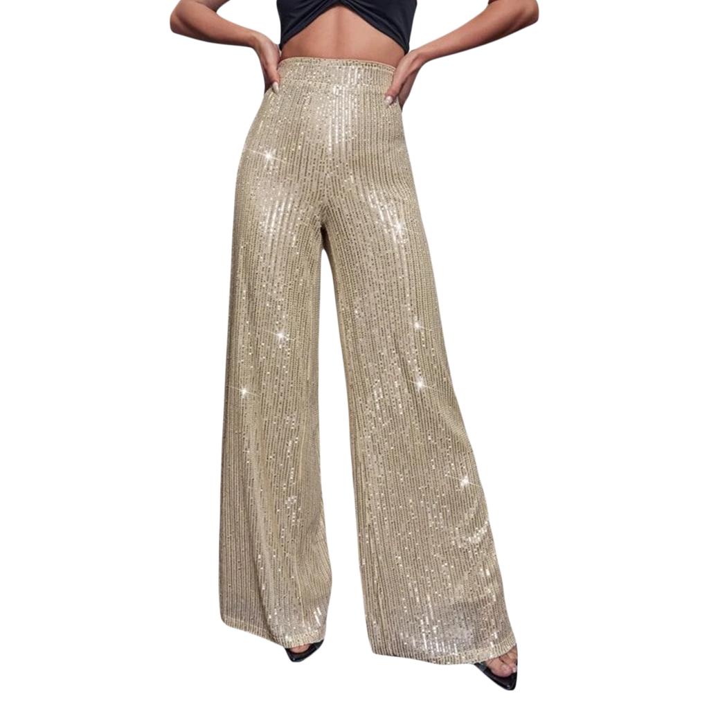 Women Wide Leg Pants, Elegant Shiny Sequined High Waist Loose Trousers for Club Party