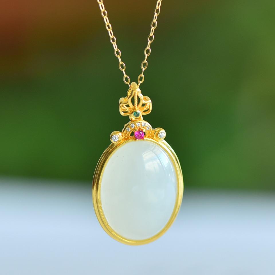 Natural Hotan Jade S925 Silver Inlaid Blue White Jade Egg Shaped Pendant Necklace