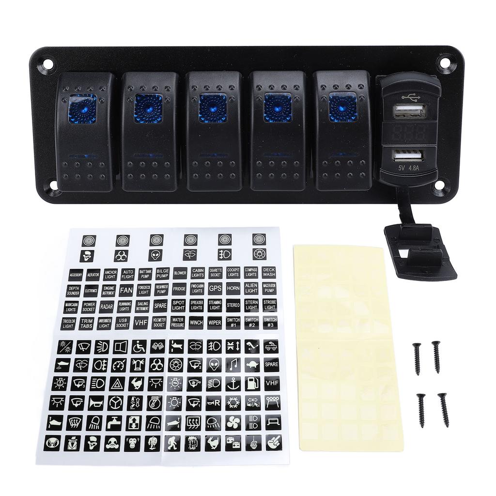 5 Gang Rocker Switch Panel with 4.8A Dual USB Charger Voltage Meter Universal Fit for DC12 To 24V Car Truck RV