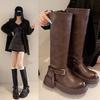Модные ретро ботинки на толстой подошве 2025 осень и зима женские ботинки толстый каблук высокая высота голенища и стройность удобные рыцарские ботинки