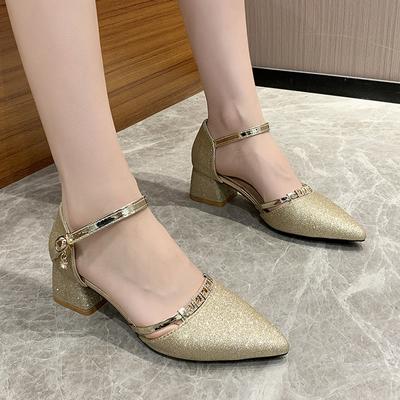 Rimocy/модные блестящие туфли-лодочки на квадратном каблуке, женская повседневная обувь с острым носком на среднем каблуке, женские туфли на высоком каблуке с ремешком на щиколотке цвета: золотистый, серебряный