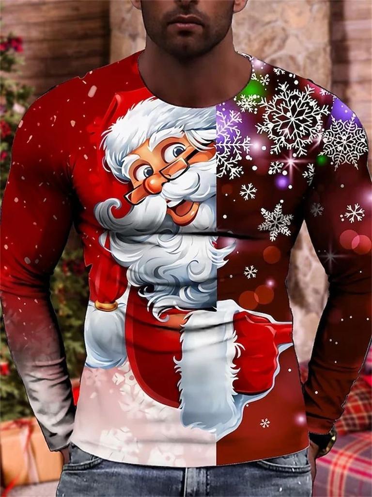 New Spring and Autumn Men's Fashion Interesting New Year Santa 3D Printed Long Sleeve Round Neck Plus Size Loose Breathable Top
