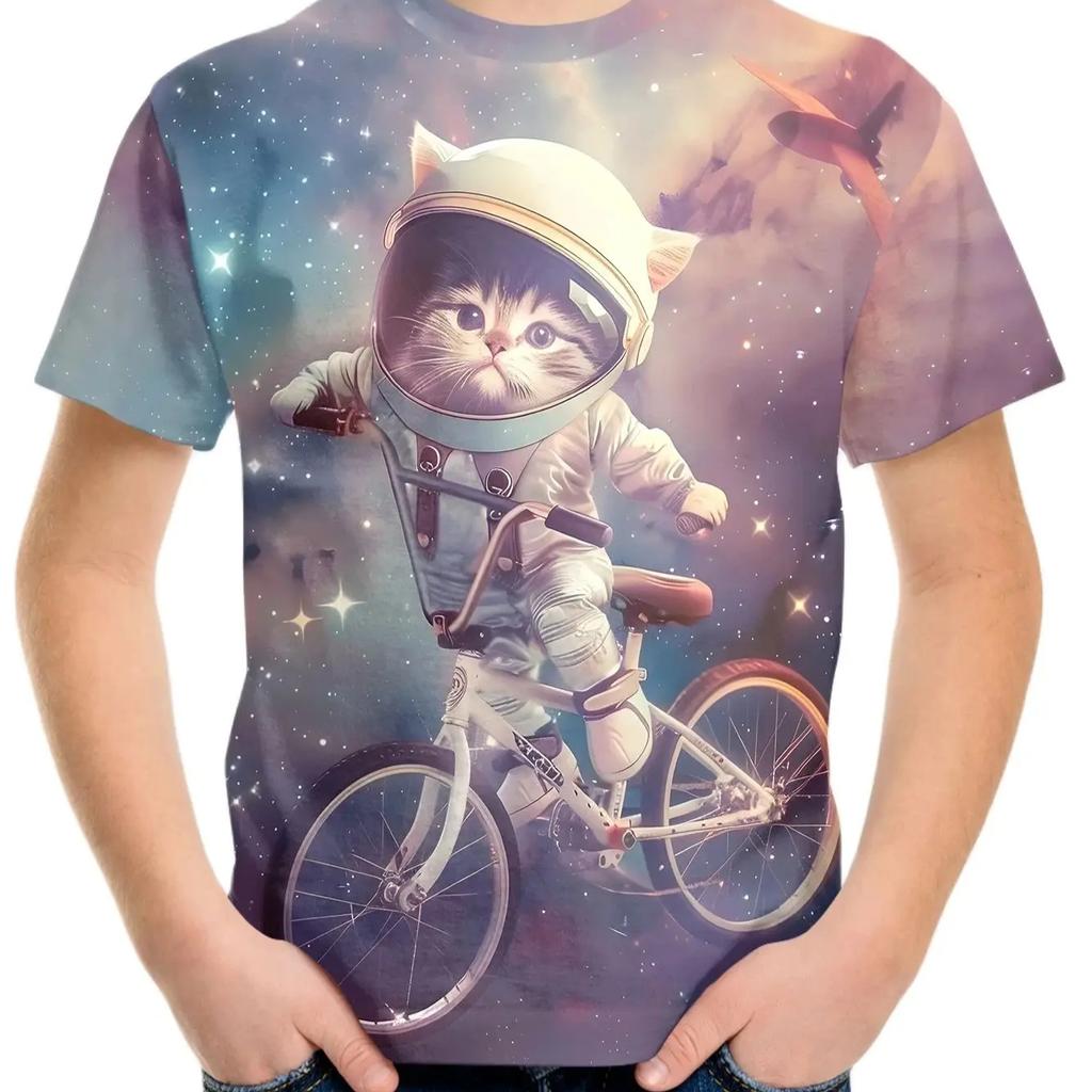 Детская одежда Футболка для девочек и мальчиков с коротким рукавом Детская летняя одежда Футболка с рисунком кота в виде 3D-мультяшной футболки