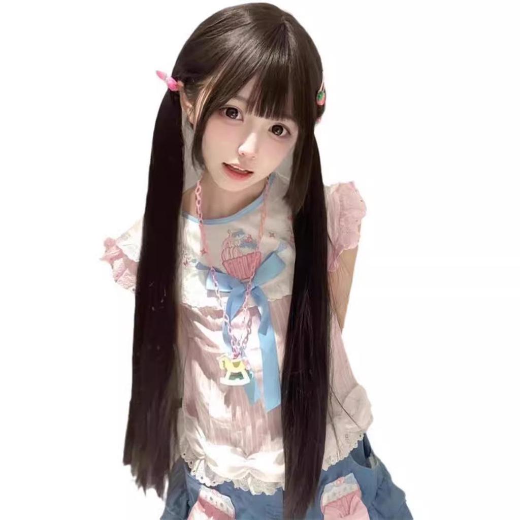 Парик JK Sweet Girl Lolita, натуральный черный, длина 85 см, с бакенбардами и прямой челкой