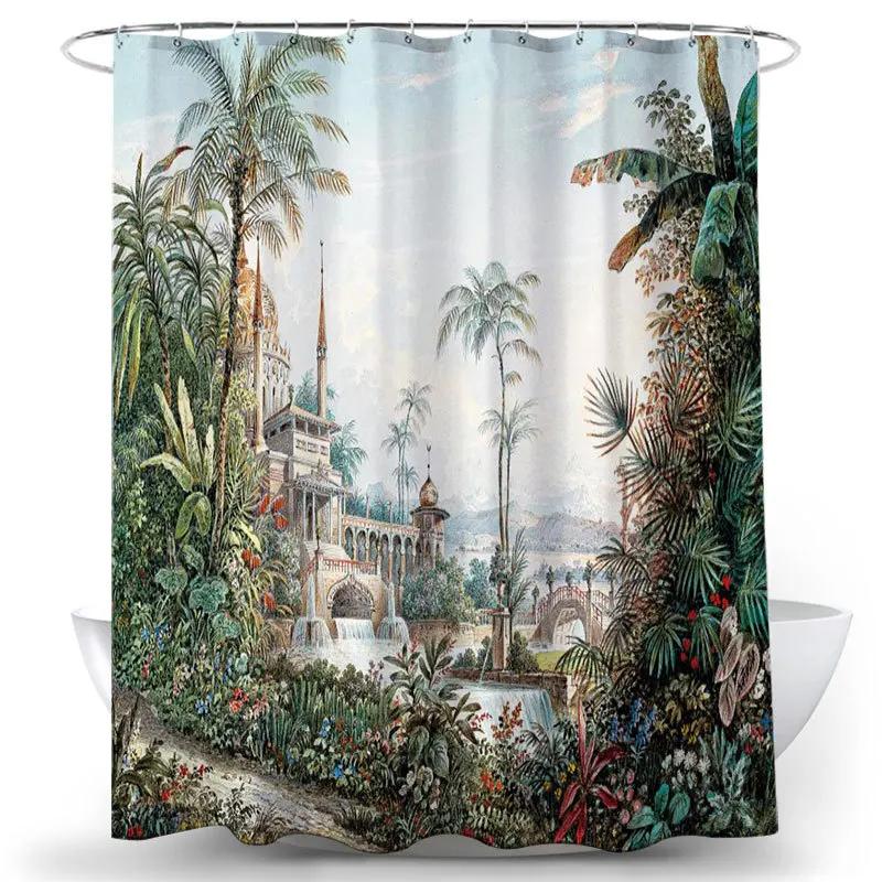 Занавеска для душа с тропическими растениями, зеленые листья, водонепроницаемая полиэстеровая занавеска для ванной комнаты, украшение для ванной в скандинавском стиле с крючком