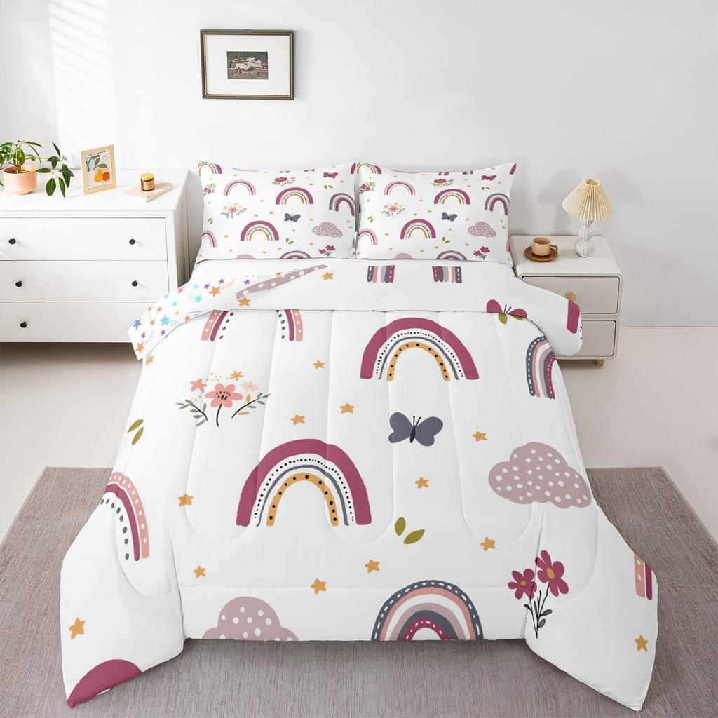 Erosebridal Rainbow Comforter Set 2Pcs, Kawaii Cartoon Cloud Quilt Iridescent Twin for Kids Girls Women Teens, Love Heart Duvet Insert Hand