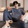 Plus Size Men Pajamas Cotton Short Sleeve Long Pants Nightwear Loungewear Youth Round Neck Pullover Plaid Sleepwear Homewear