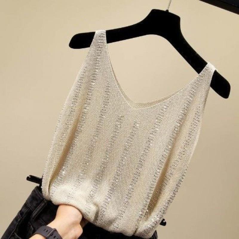 Women's Ice Silk Diamond Camisole Tank Tops Women's Vest Loose Short Sleeveless V-neck Bottoming Shirt