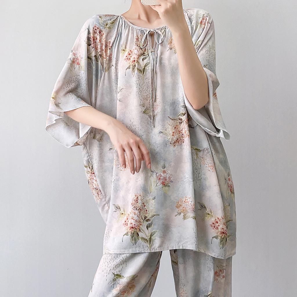 1011 new short-sleeved cotton and silk pajamas for women's summer thin printing loose and relaxed loungewear suit