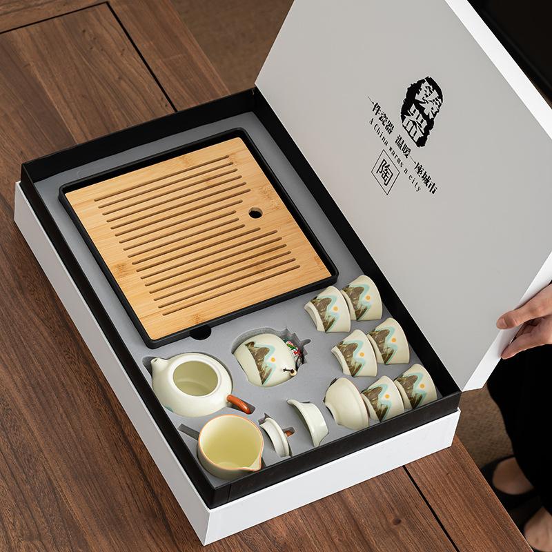 Ceramic travel portable car express cup retro national style Qingshan Ru kiln home tea set gift box
