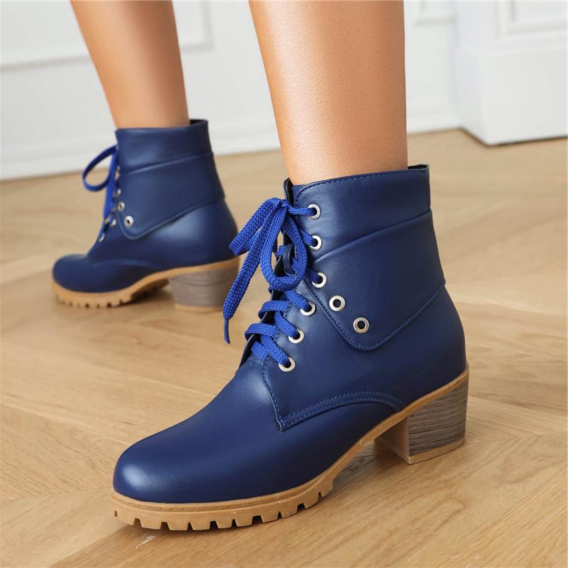 FOREADA Women Ankle Short Boots Round Toe Thick Mid Heels Lace-up Combat Boots Ladies Fashion Shoes Winter Black Blue Camel 43
