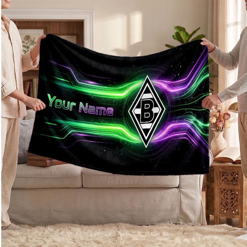 Borussia Mönchengladbach Personalized Fleece Blanket With Football Logo, Custom Name Text Soft Warm Home Throw Blanket