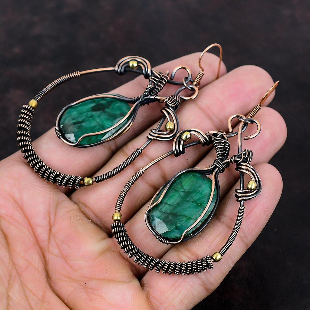 Граненые серьги с замбийским изумрудом, серьги из медной проволоки, стильные серьги, драгоценные камни, медные украшения, свадебный подарок, антикварные серьги ручной работы