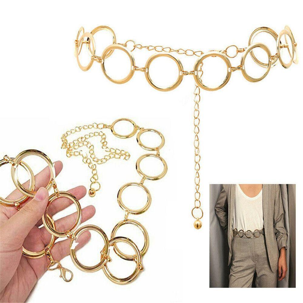 Dress Gold Silver Big Ring Waist Belts Metal Chain Belt Waistband Round Alloy Belt