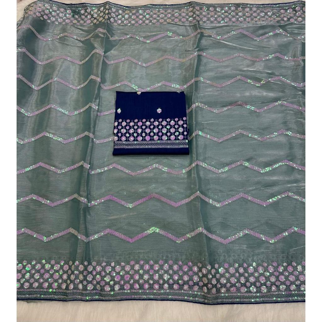 Saree With Beautiful 5MM Sequence Embroidery C-Pallu Work Along With Contrast Piping Border