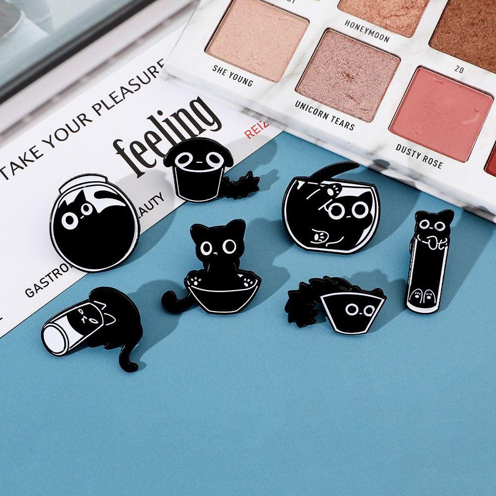 Броши Чашка Черный Котенок Аквариум Кот Металлический Значок Брошь Серии Кот Эмалевый Пин Черный Кот Джинсы