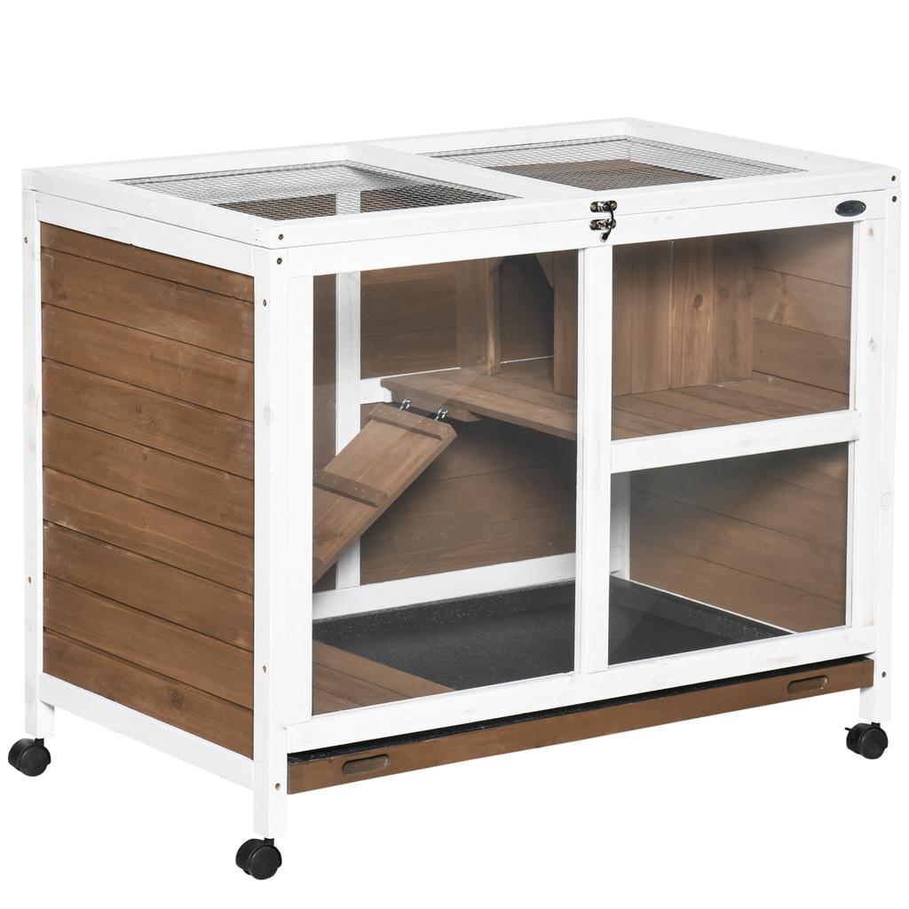 2-Tier Rabbit Hutch with House, Ramp and Removable Tray, Made of Fir Wood, 91.5x53.3x73 cm, Brown