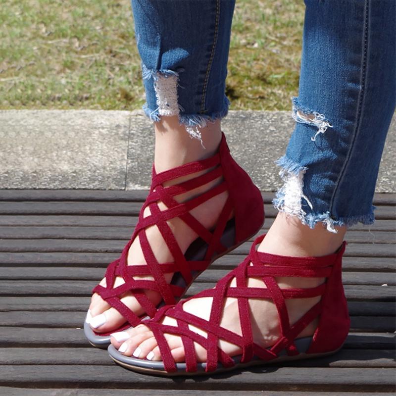 Новые женские сандалии с открытым носком и высоким верхом, удобные из ПУ кожи, с вырезами, летняя обувь в стиле бохо, на шнуровке, с молнией сзади, пляжная обувь