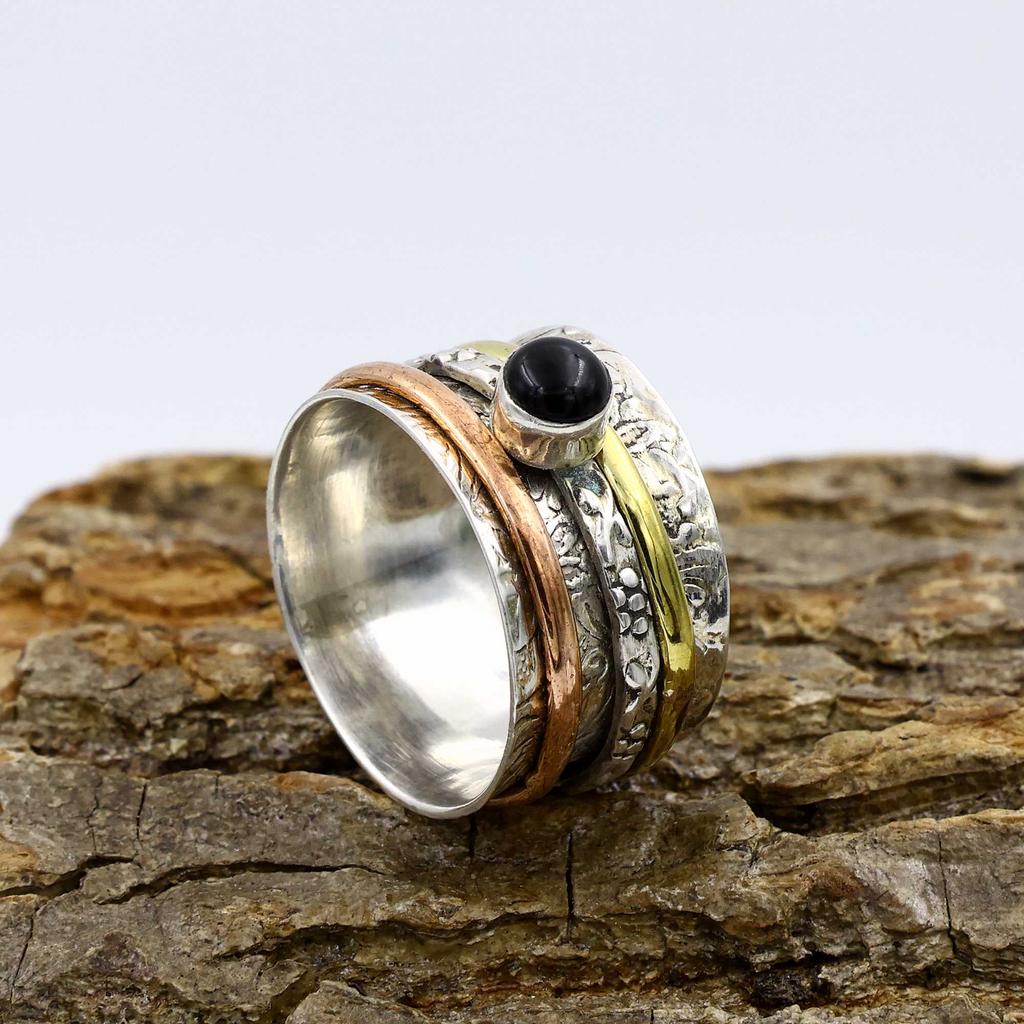 Black Onyx Gemstone Ring, Three Tone Ring, Spinner Band, Bohemian Ring, Silver Jewelry, Labor Day Sale, 925 Sterling Silver