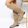Pleated Boots Women Black Nude Faux Suede Flock Knee High Boot Ladies Flat Autumn Winter Dress Shoe Solid Slip On Botas