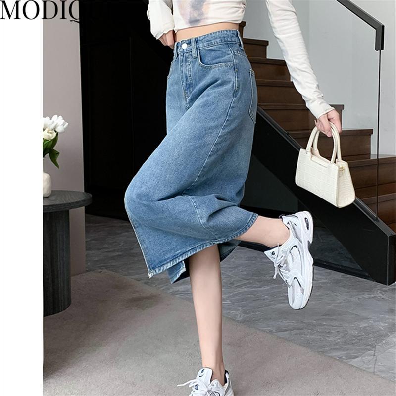 MODIQUE, осенняя новая женская повседневная винтажная джинсовая длинная юбка трапециевидной формы с высокой талией, женская свободная однотонная милая рваная синяя юбка, зимняя