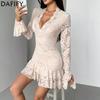 Women's Fashion Spring Fall Solid Color Print Long Sleeve V-Neck High Waist Casual Dresses