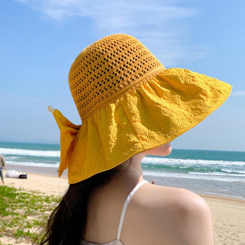1 шт. Стильная соломенная шляпа с большими полями, солнцезащитный головной убор, ажурная УФ-защита, бант, ручная работа, крючком, солнцезащитная кепка